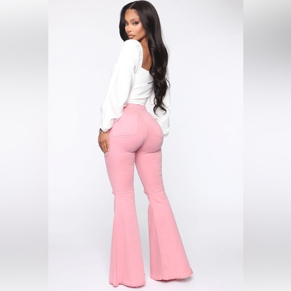Fashion Nova extreme flare leg pants blush pink size 11 women’s distressed NWT - Picture 3 of 11